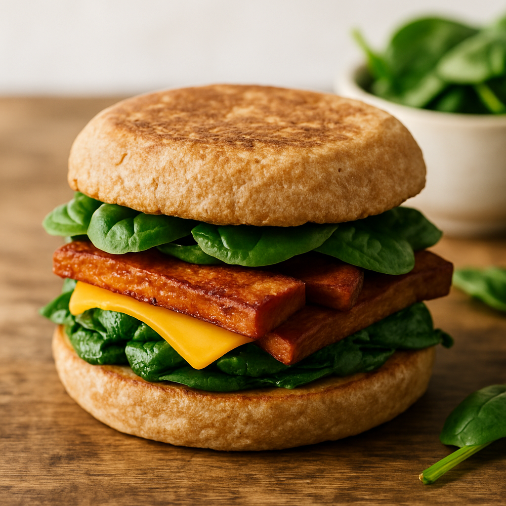 Vegan Savory Tofu 'Bacon', Spinach, and 'Cheese' Breakfast Sandwich